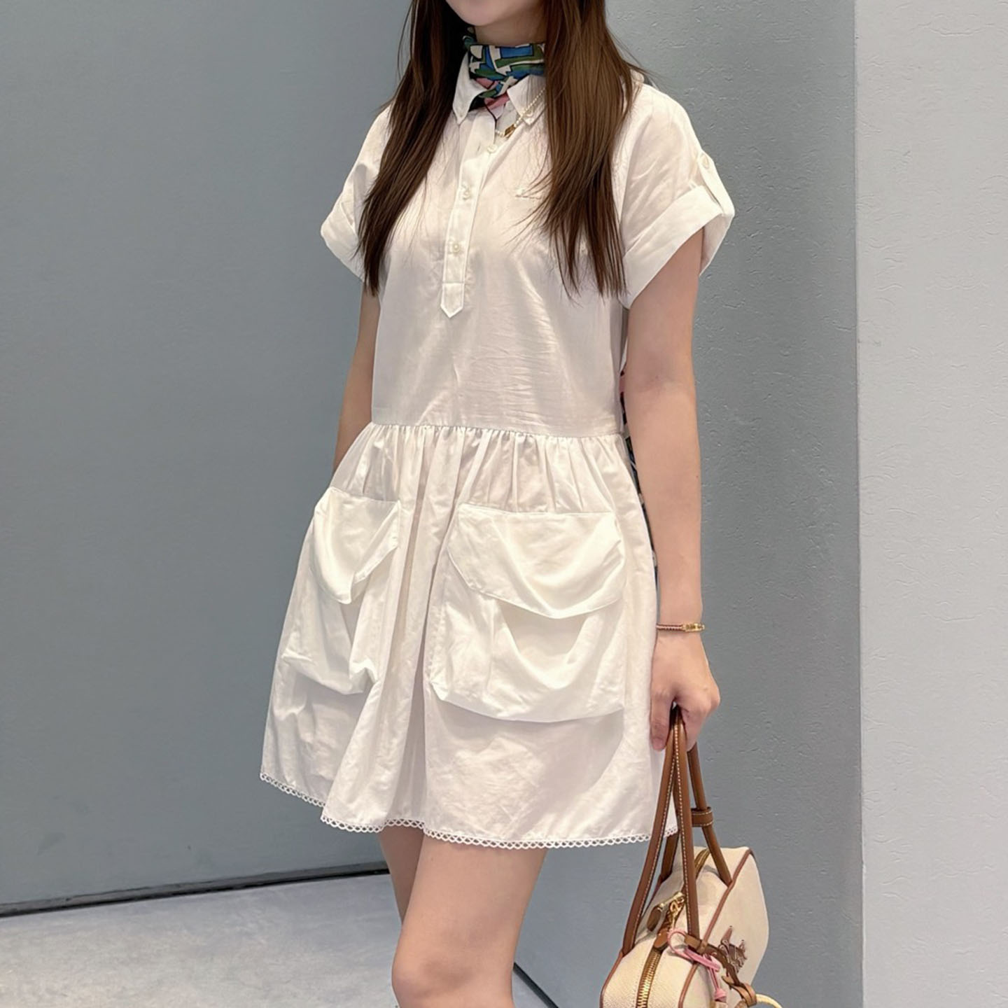 休闲甜美风亚麻口袋短袖连衣裙女