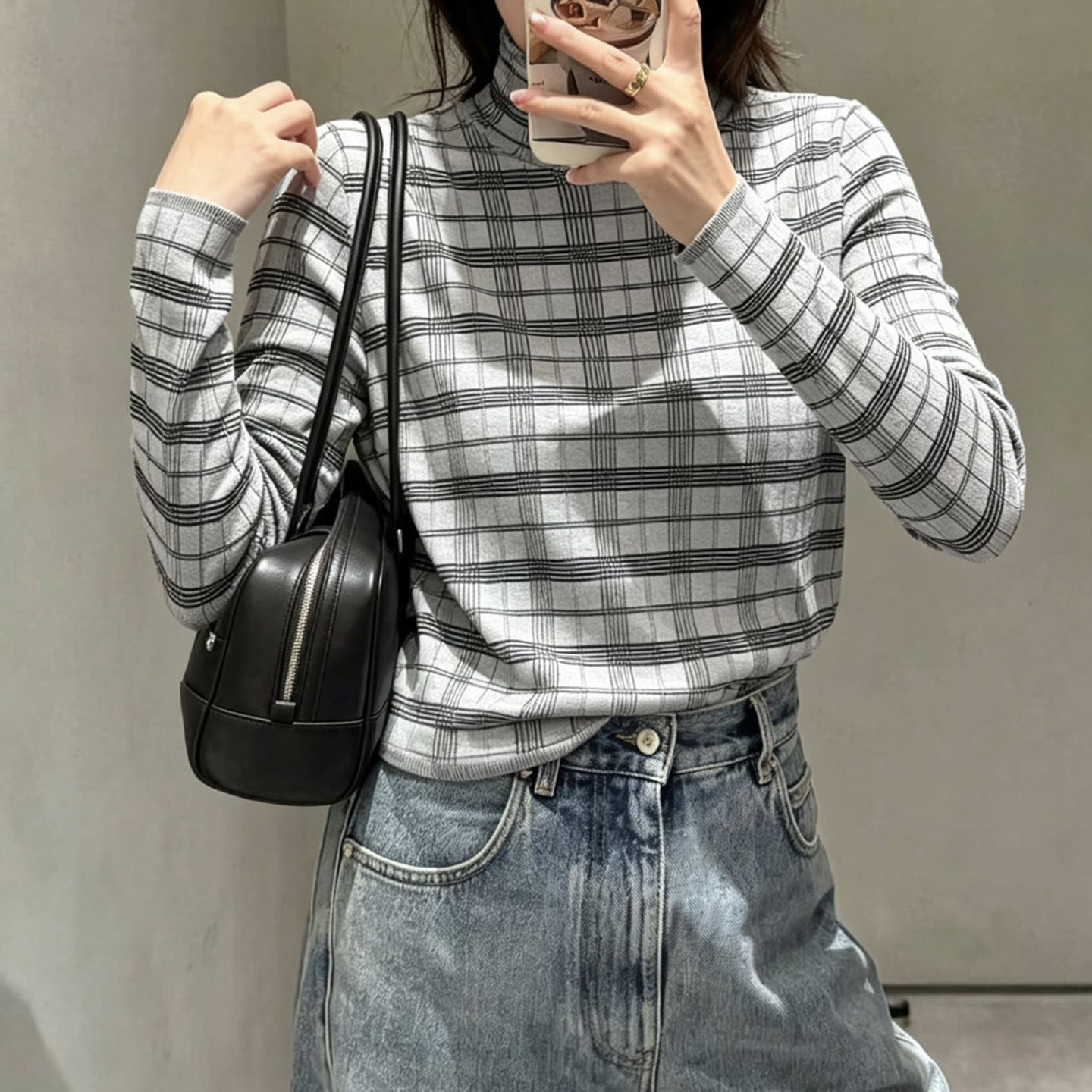 休闲风格纹高领套头针织打底上衣