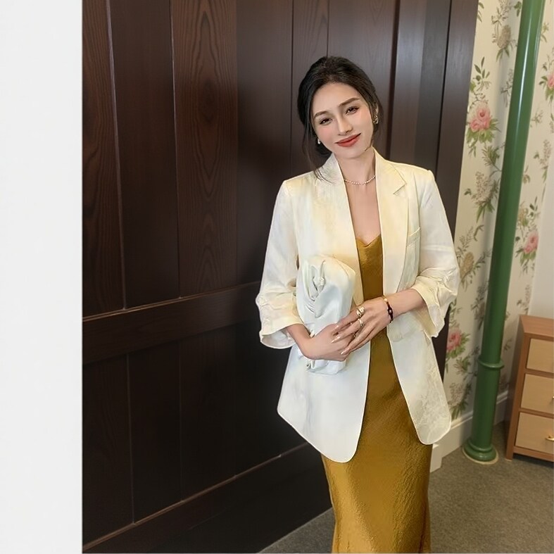 西装外套女韩版瘦身休闲外搭夏季薄款空调衫醋酸提花新国风小西服
