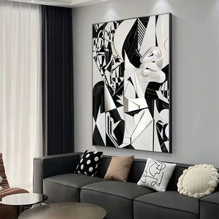现代抽象艺术装饰画 画意式极简黑白灰挂画 画客厅沙发背景墙竖版