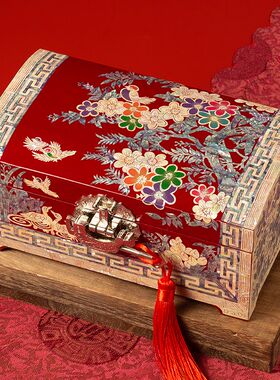 螺钿首饰盒贝壳复古漆器饰品妆奁盒陪嫁三金盒高档中式结婚嫁妆盒