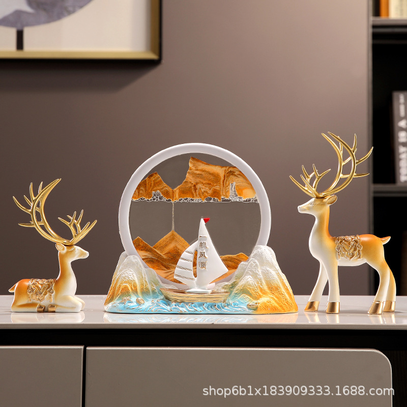 一帆风顺沙漏流沙画鹿摆件客厅电视柜酒柜办公室装饰品乔迁礼品