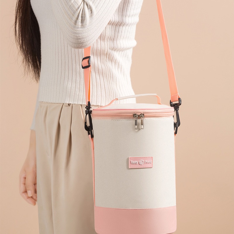 新款圆筒形保温包肩带款圆形多层饭盒包上班族上学手提斜挎便当包