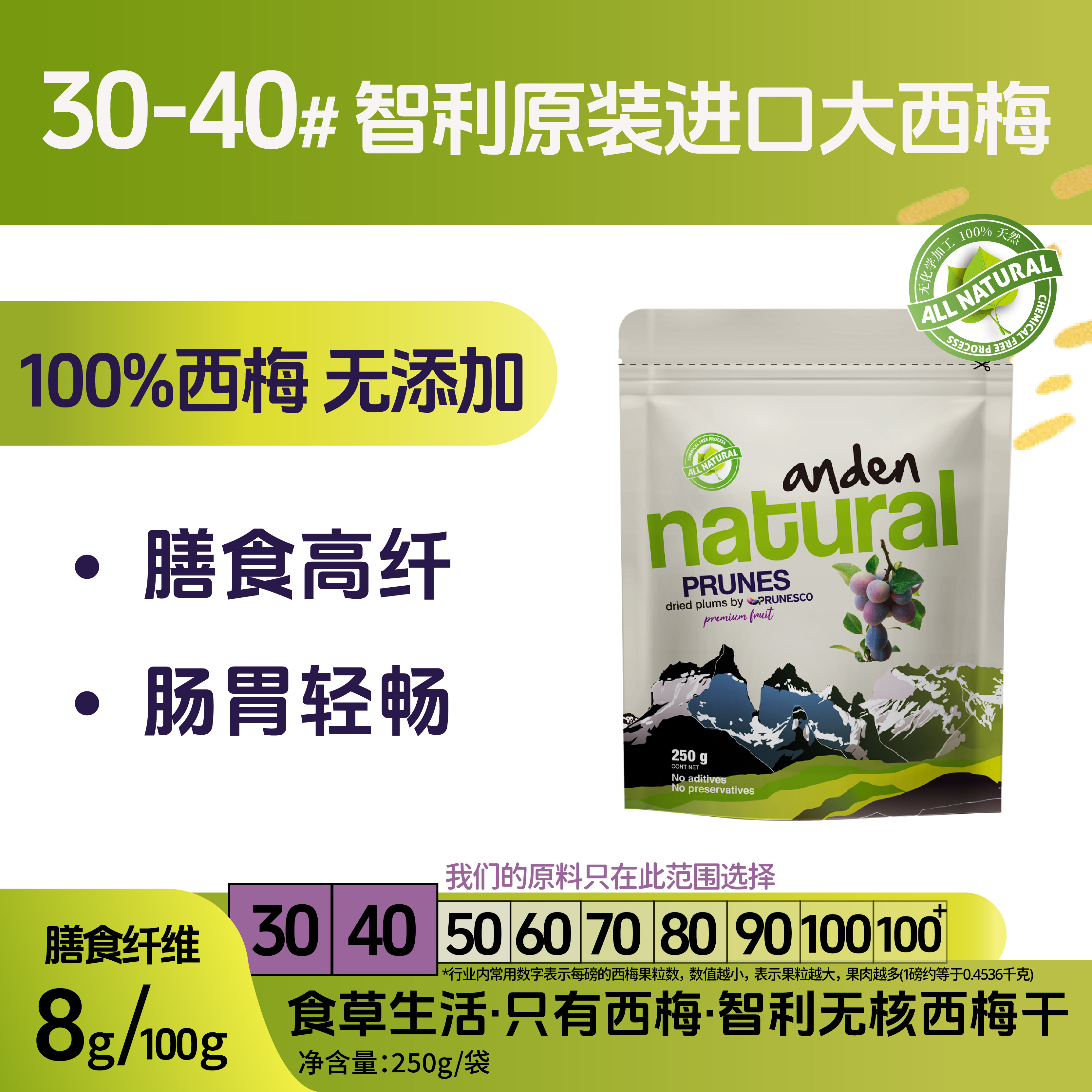 智利无核西梅干0添加优选30/40完整大颗粒休闲零食解馋果脯水果干