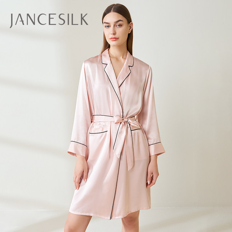 JANCESILK重磅粉色真丝睡袍100%桑蚕丝睡衣女新娘婚礼晨袍高级感