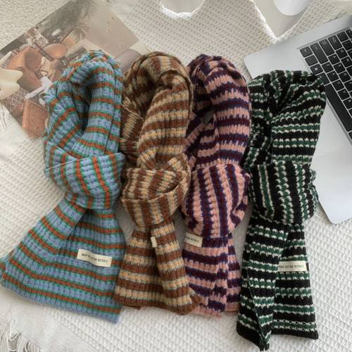 彩色条纹针织围巾秋冬百搭保暖围脖保暖韩版拼色条纹围脖秋冬