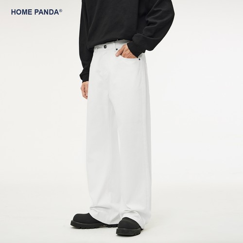 HomePanda白色宽松直筒牛仔裤男