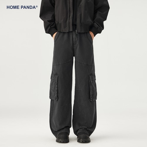 HomePanda水洗做旧直筒休闲裤男