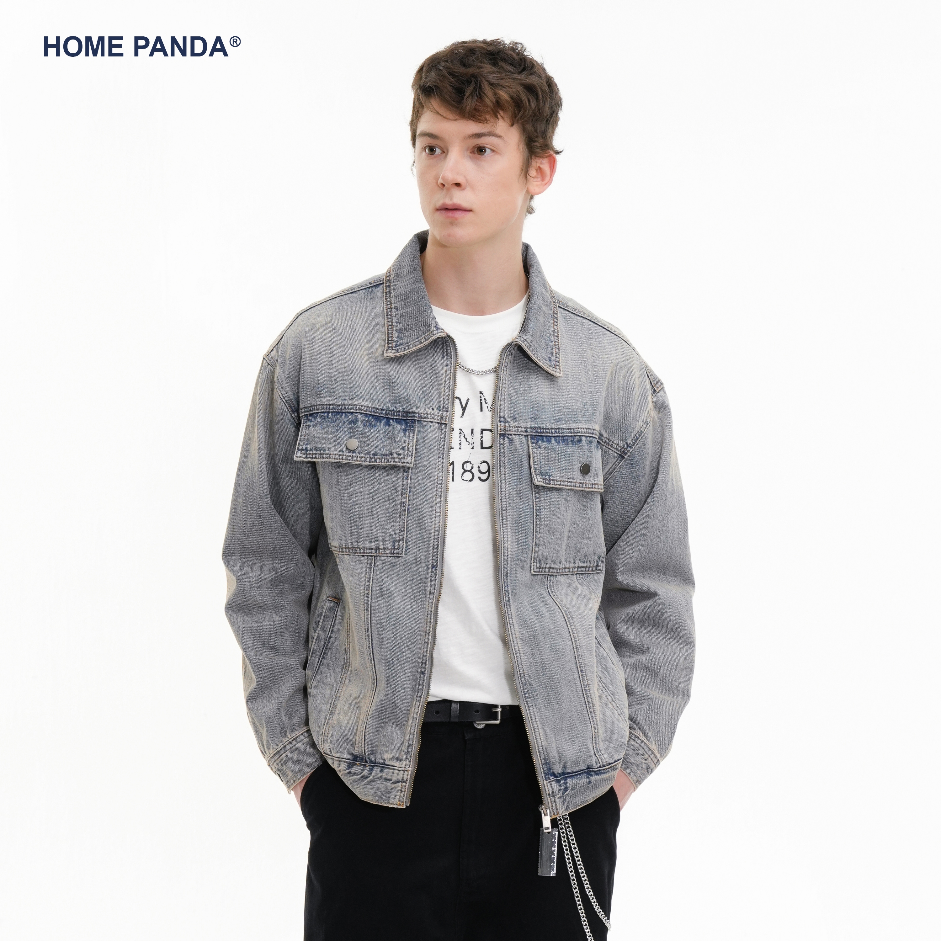 HomePanda复古翻领牛仔外套男