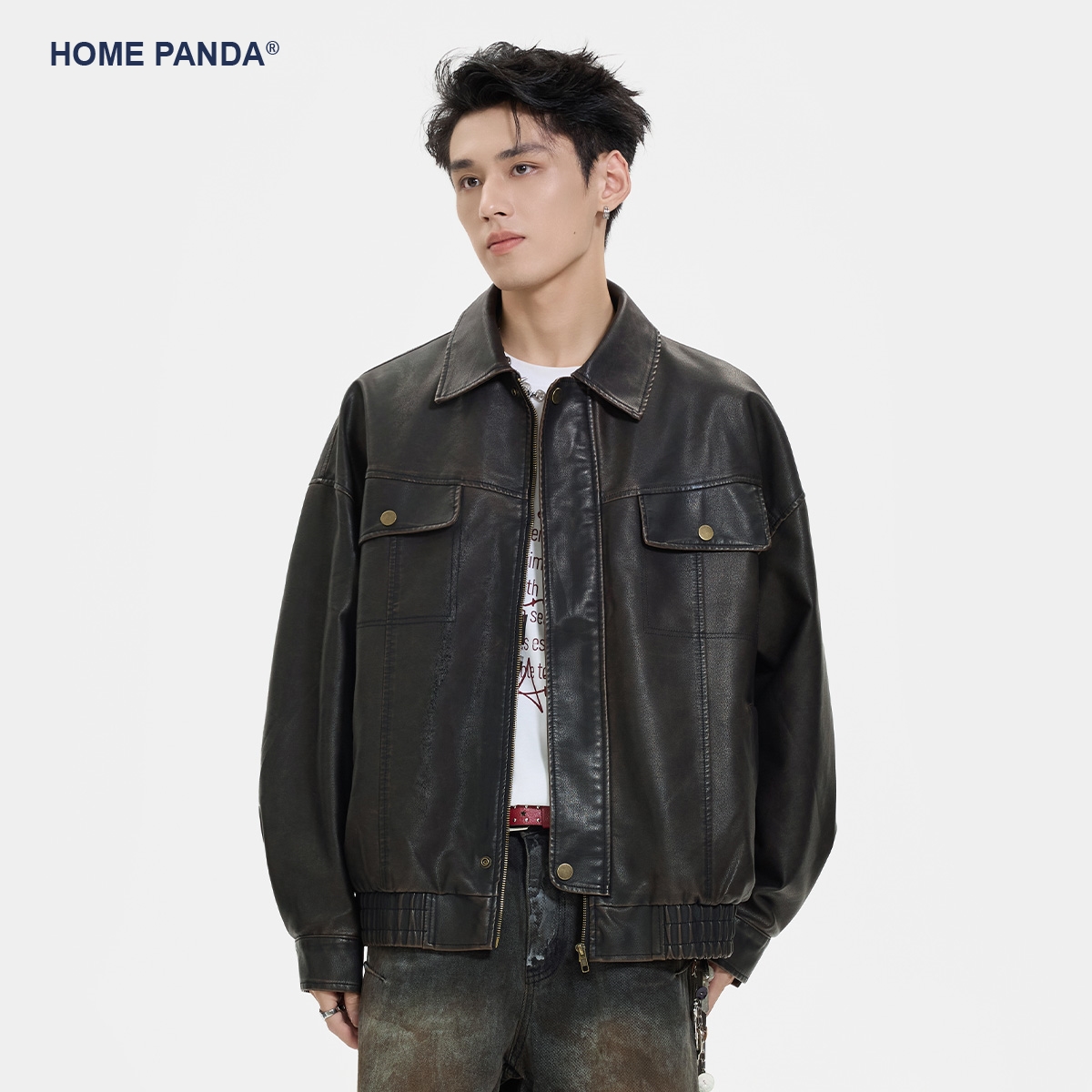 HomePanda美式复古翻领PU皮衣男