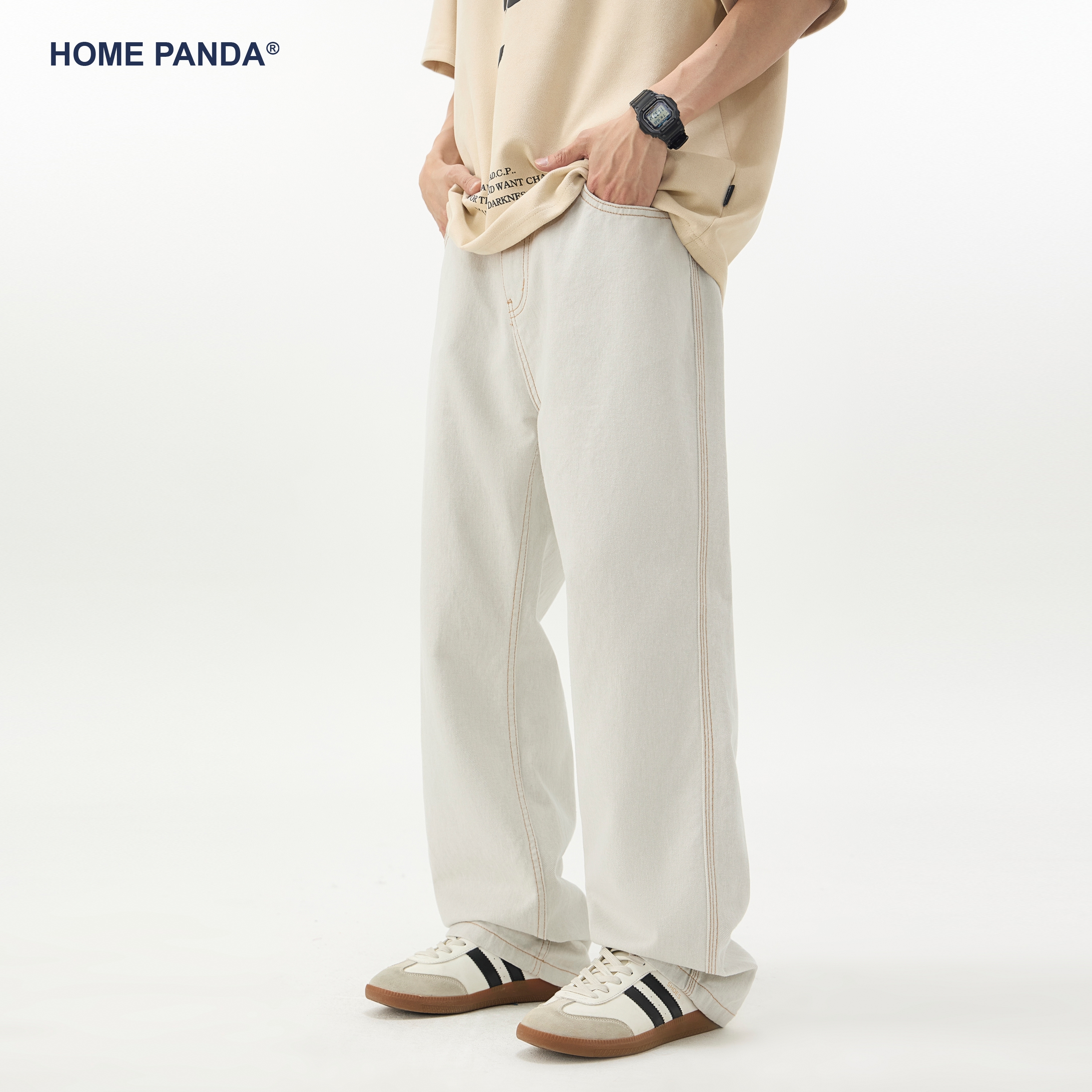 HomePanda米白宽松直筒牛仔裤男