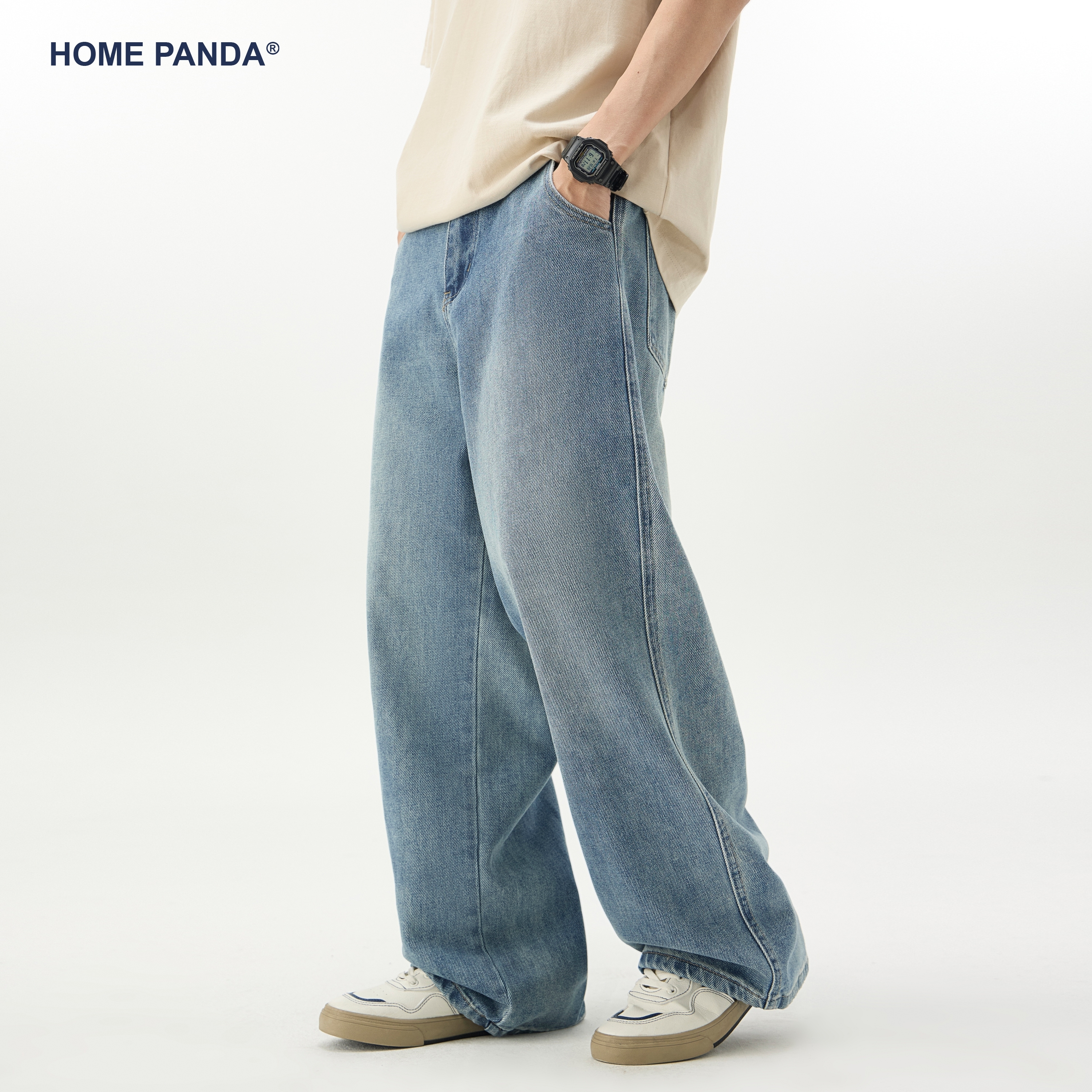 HomePanda宽松直筒牛仔裤男春季