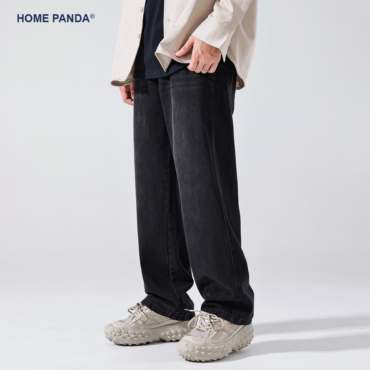 HomePanda宽松直筒黑色牛仔裤男