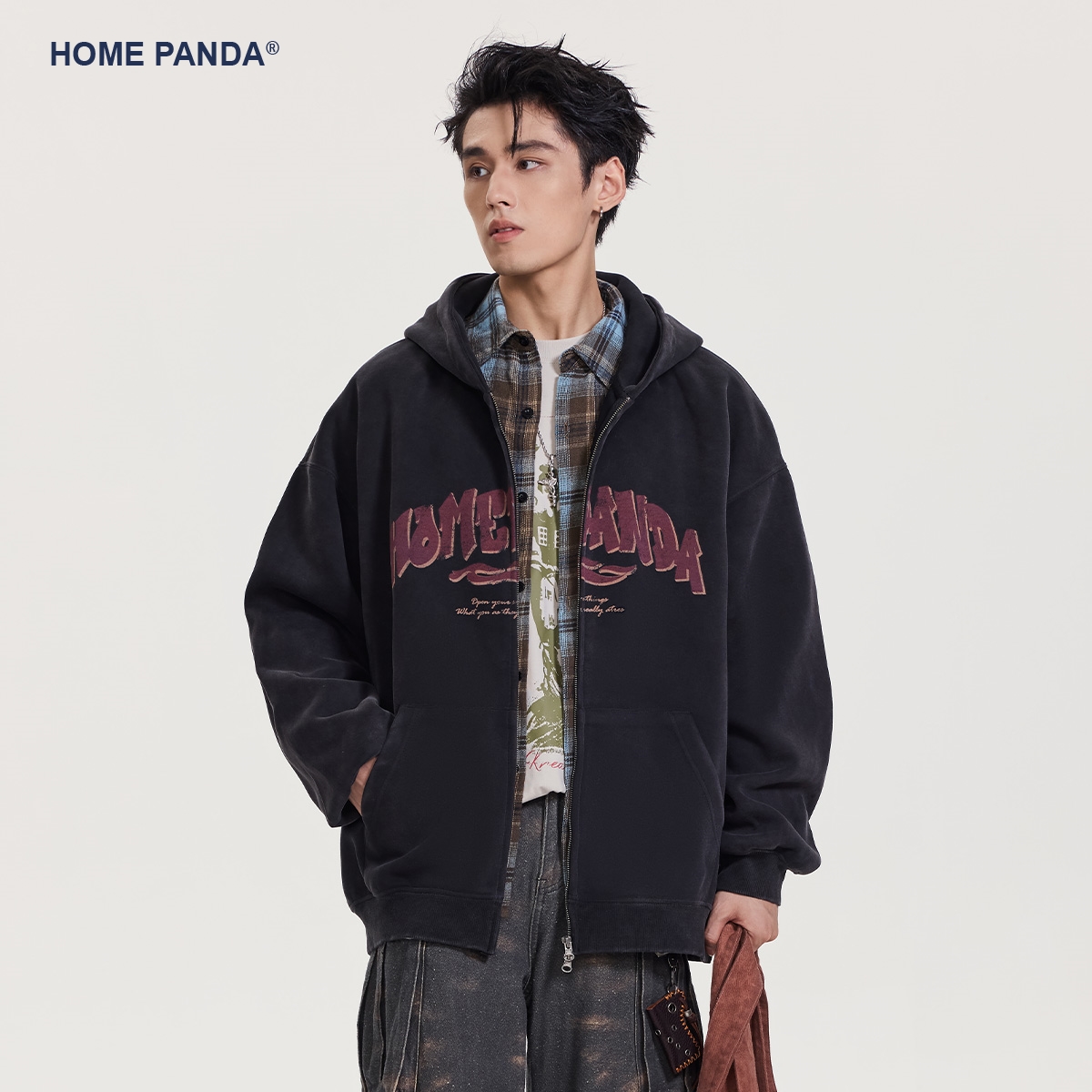HomePanda美式潮牌连帽开衫卫衣