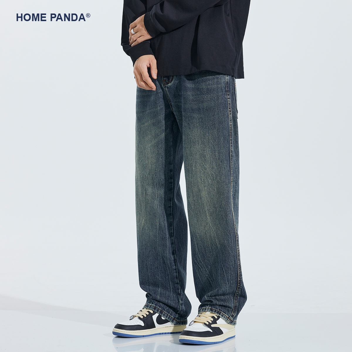 美式复古潮牌高街阔腿牛仔裤男