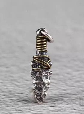 原创925纯银印第安石矛吊坠石器时代男士矛头吊坠文玩DIY侧挂卡环