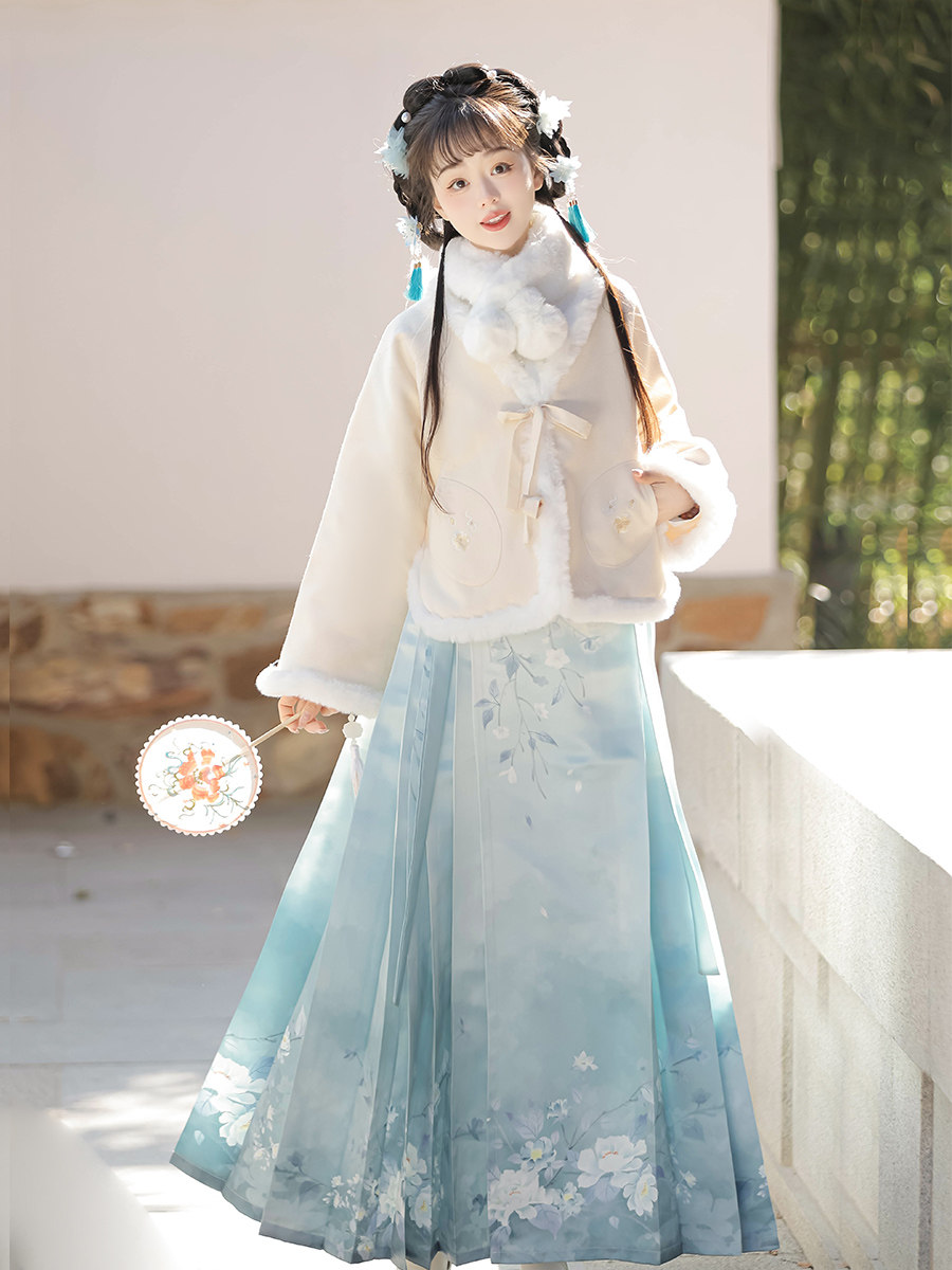 JASMINE ORIGINAL MING-MADE HANFU 여성 2024 새로운 겨울 개선 된 두꺼운 일일 중국 스타일 말 얼굴 스커트 고대 의상