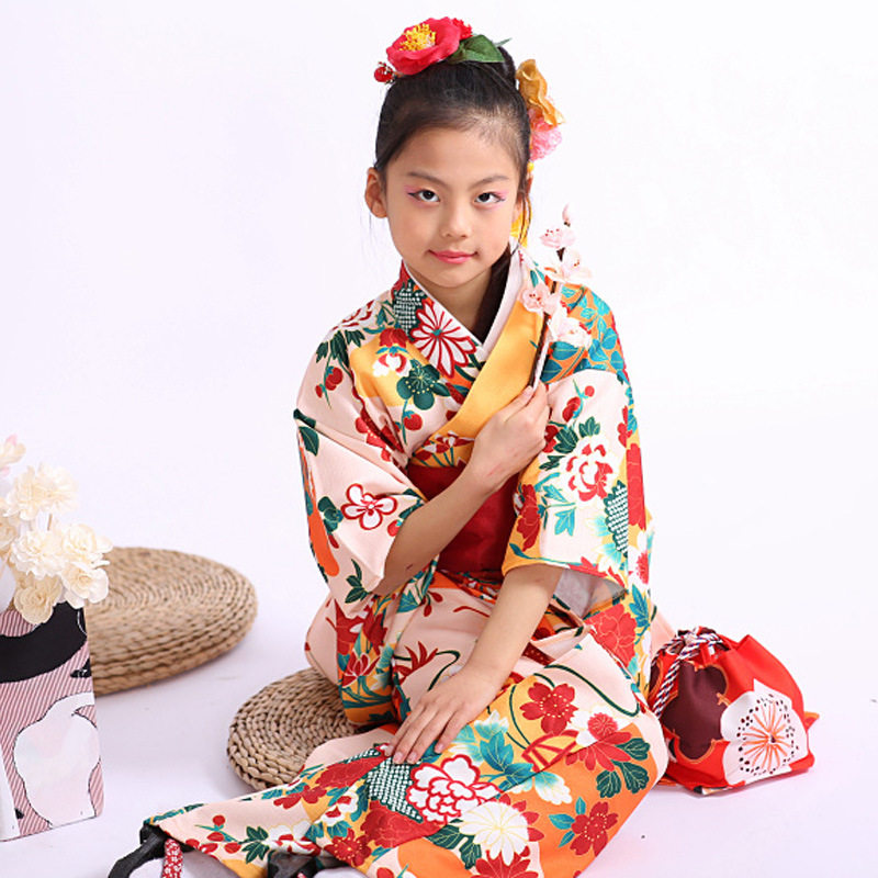 日本和服女童和服正装5-13岁儿童和服传统和服改良版不易皱免熨