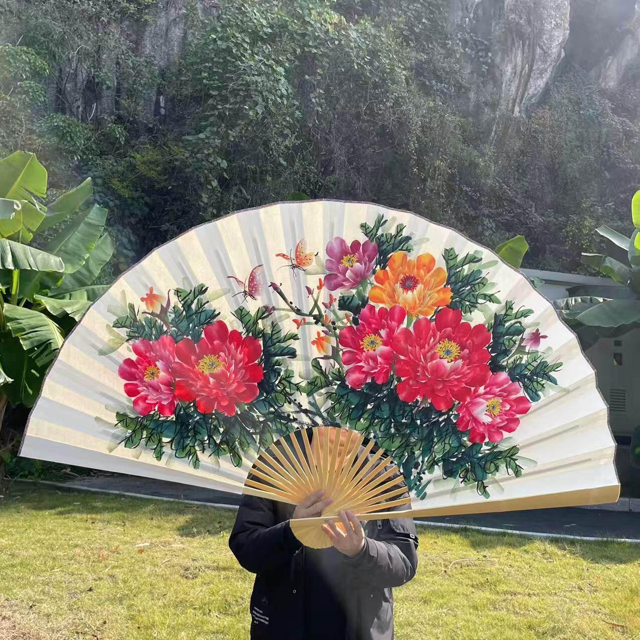90*160厘米中式宣纸手绘富贵牡丹大竹制折扇客厅装饰