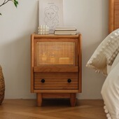北欧实木藤编床头柜窄简约现代床边小柜子储物柜樱桃木卧室置物架