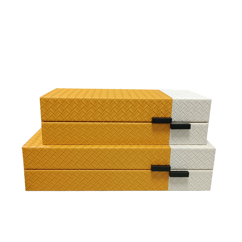 现代软装工艺品PU皮拼色收纳盒衣帽间梳妆台样板房创意摆件储物盒