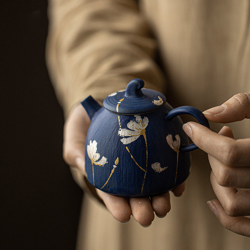 克莱因蓝手工粗陶粉引茶壶家用泡茶壶单壶带过滤金银手绘茶壶