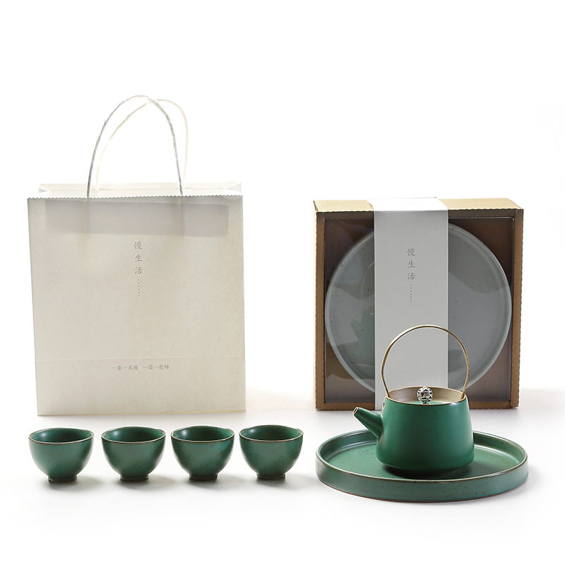 粗陶旅行茶具套装整套一壶四杯带茶盘日式手工提梁茶壶茶杯干泡盘