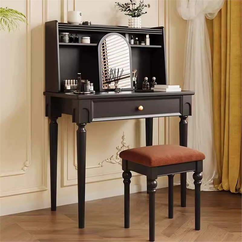 美式梳妆台欧式全实木化妆台椅子布艺软复古中古风实木美式妆台
