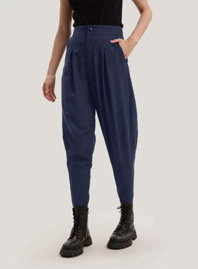 Gentle Herd 2024年春秋羊毛混纺锥形裤百褶大口袋高腰拉链小脚裤