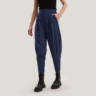 Gentle Herd 2024年春秋羊毛混纺锥形裤百褶大口袋高腰拉链小脚裤