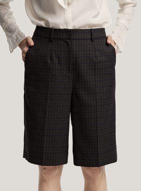 Gentle Herd 2024秋冬复古休闲时尚五分直筒格纹羊毛混纺通勤短裤