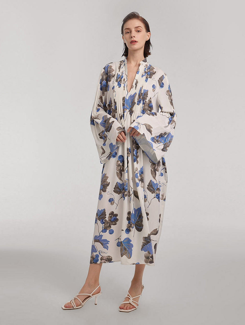 lattelier印花花卉宽松连衣裙2024秋季长袖宽松半开领中长款裙子