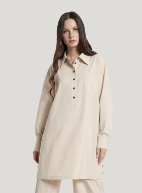 Gentle Herd 翻领中长款羊毛衬衫时髦休闲侧开叉系扣宽松长袖衬衣