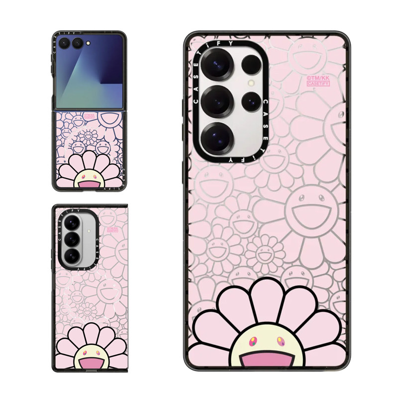 现货CASETiFY联名村上隆太阳花笑脸粉红色适用三星S24/S25 Ultra手机壳Z Flip 7/Z Fold 6限量趣味潮流保护套