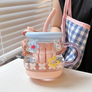 日式 家用把手吸管 水杯玻璃杯女生夏季 高颜值办公室泡茶杯2025新款