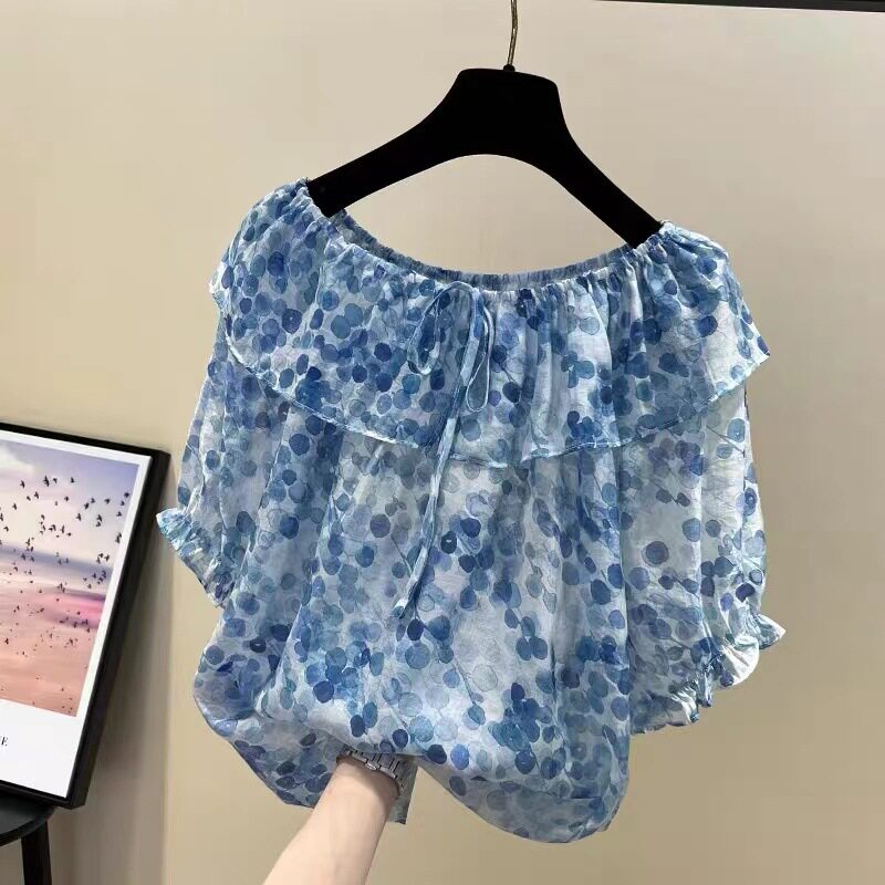 日式2023夏季碎花荷叶边系带一字肩短袖雪纺衫女上衣设计感遮肚子