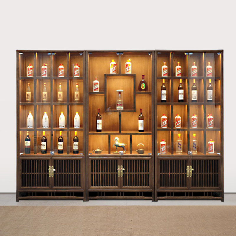新中式实木白酒柜玻璃门带灯展示柜酒庄酒窖陈列柜商用靠墙酒架
