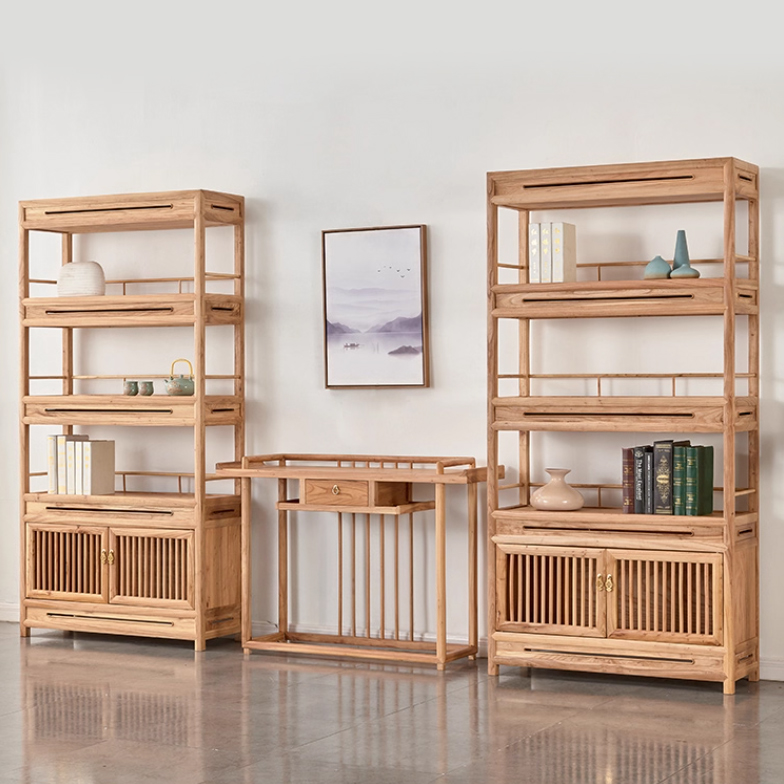 新中式书架北方榆木书柜实木家具简约置物架花瓶陈列架茶柜展示架