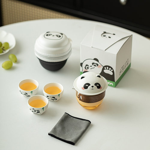 熊猫女生户外玻璃旅行茶具便携式收纳包快客杯一壶三杯伴手礼logo