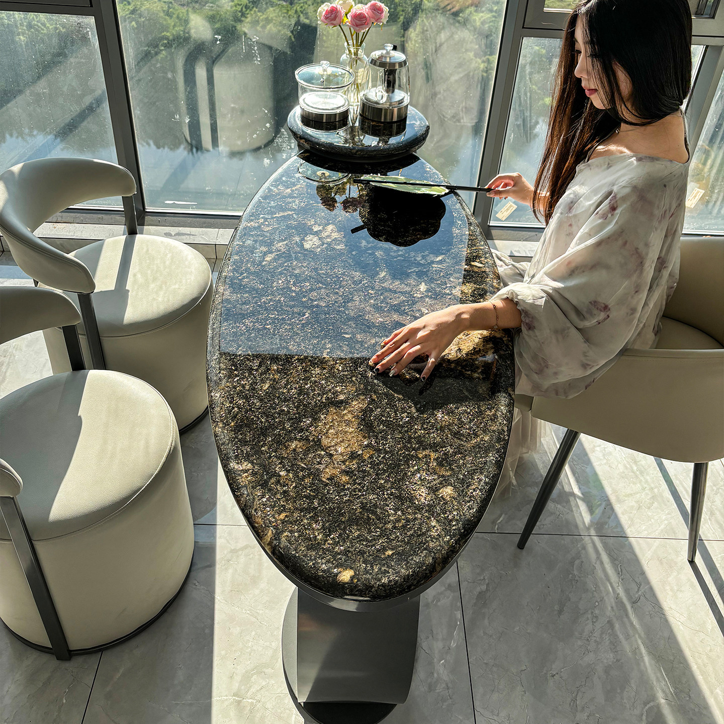 现代简约阳台奢石茶桌椅组合轻奢高级感办公室烧水壶一体家用茶桌