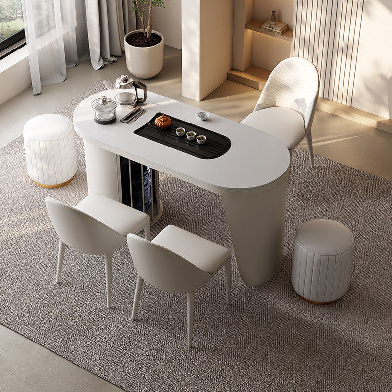 奶油风岩板茶桌椅组合简约现代办公茶台一体家用小茶桌阳台泡茶桌