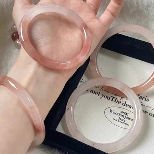 纯天然桃花酿手镯粉色金丝玉石圆条镯子樱花粉玉镯送女友生日礼物