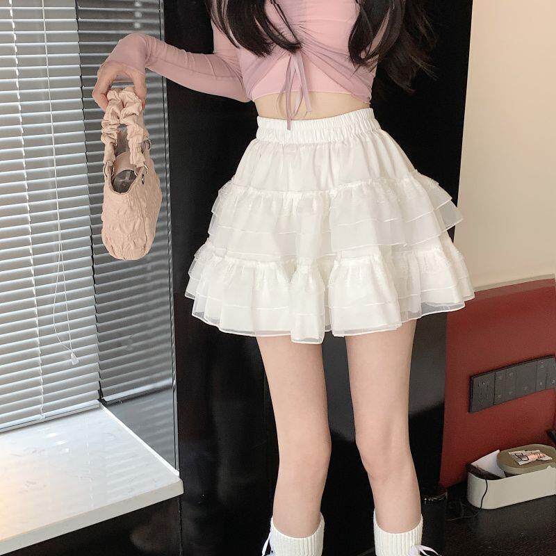 蕾丝蛋糕A字裙子夏季2026新款芭蕾风高腰白色网纱蓬蓬半身裙女潮