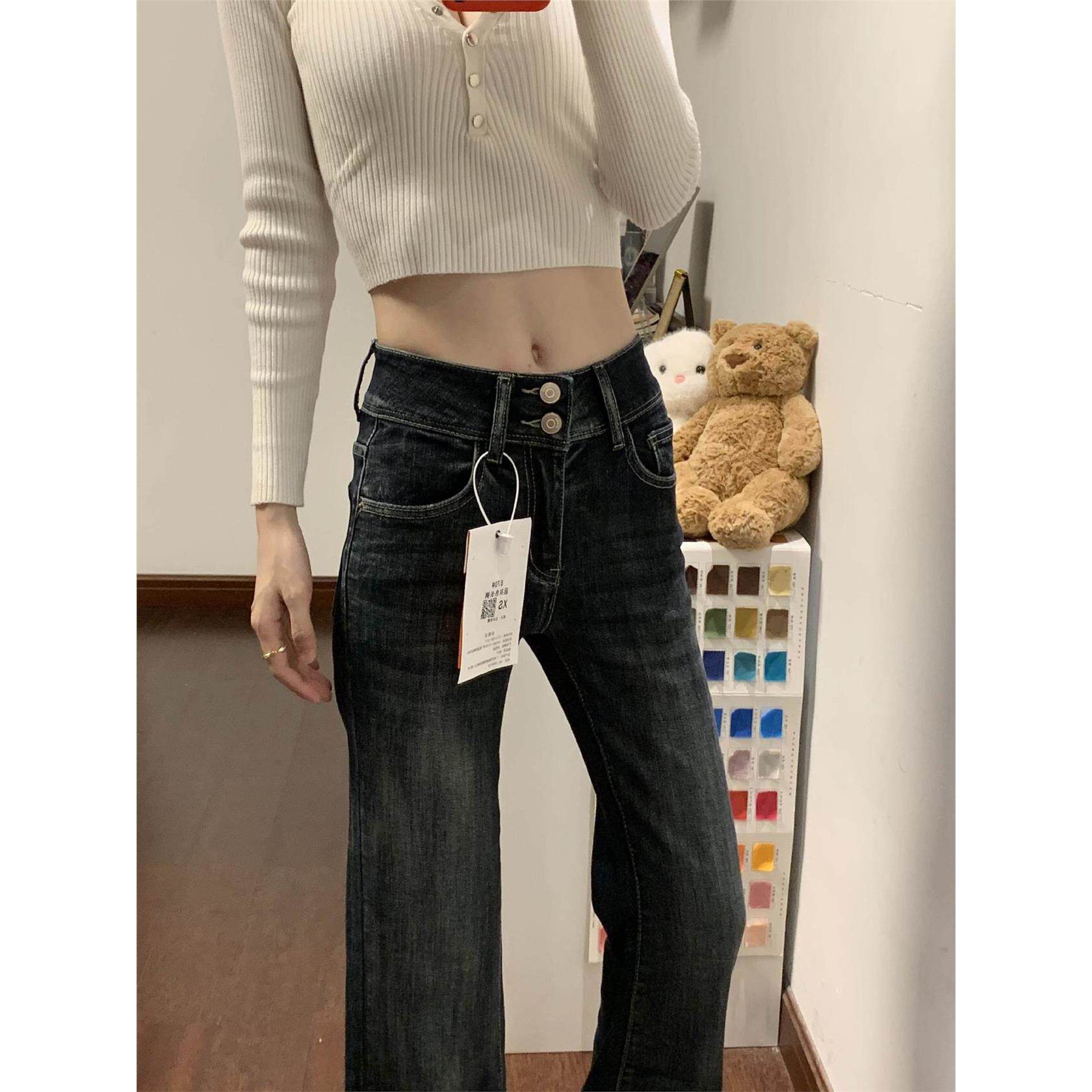 复古蓝灰色微喇牛仔裤女2026夏季新款高腰显瘦弹力小个子喇叭裤子