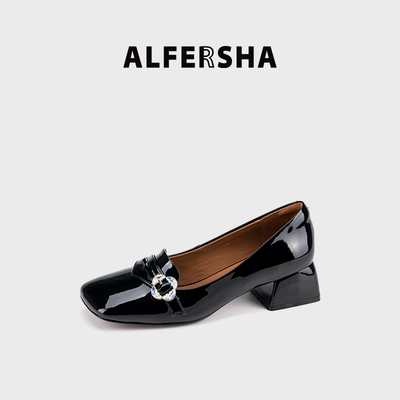 阿芙莎广系联名款9688782新款法式气质时尚水晶四叶草粗跟单鞋D