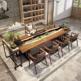 新中式流水茶桌养鱼循环茶台禅意景观一体简约创意原木茶桌椅组合