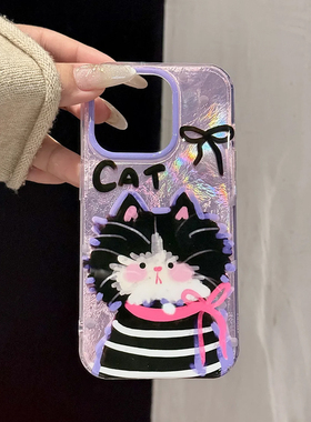 紫色系潦草小猫cat适用苹果16promax新款iPhone15奢华14女13高级感12日韩ins小众11可爱plus防摔个性手机壳套