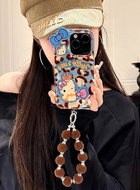 蓝色豹纹哈喽kt猫蝴蝶结带挂绳适用苹果16系列新款iPhone15promax手提绳14女生13日韩hellokitty凯蒂猫手机壳