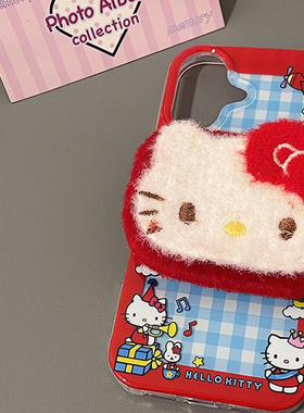 哈喽kt毛绒支架适用苹果16promax新款iPhone15女hellokitty凯蒂猫13红色14毛茸茸12防摔可爱plus手机壳少女心