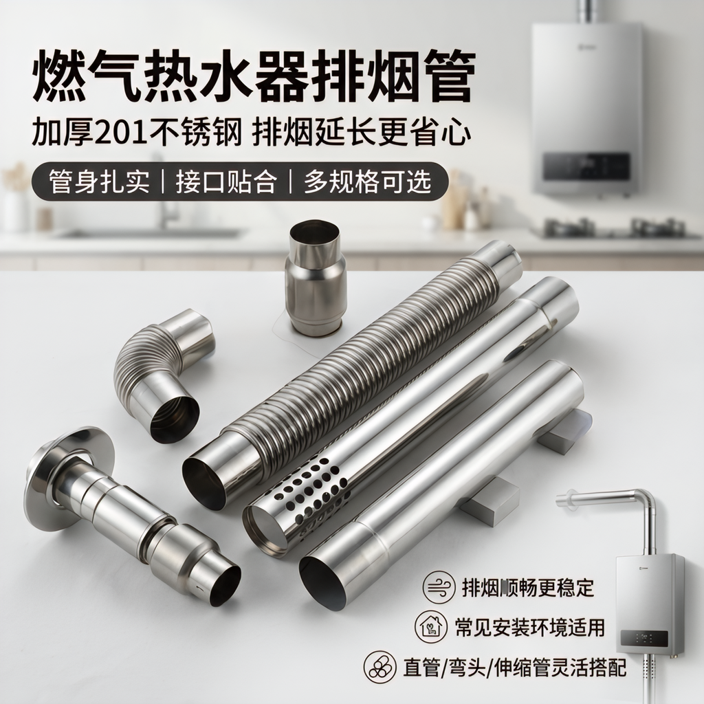 燃气热水器排烟管加厚不锈钢波纹管直管弯头止回阀配件安装全套款